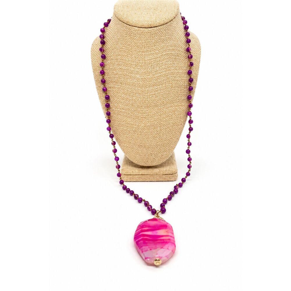 Pink Agate Pendant Necklace Purple Gemstone Beads Long Boho Statement Sequin